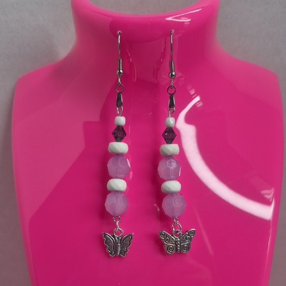 Butterfly Charm Pink and Silver Earrings - Picture 1 of 2